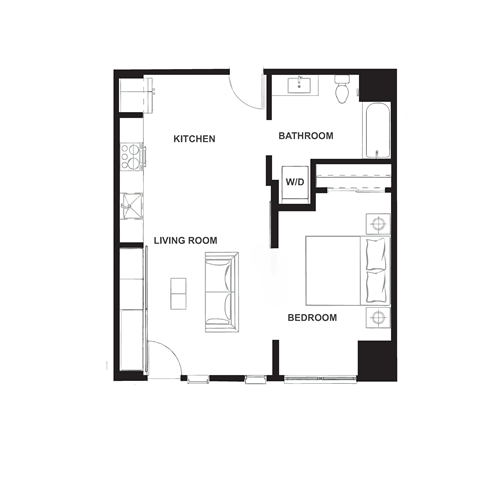 Floor plan for 1 bed, 1 bath, 670 sqft